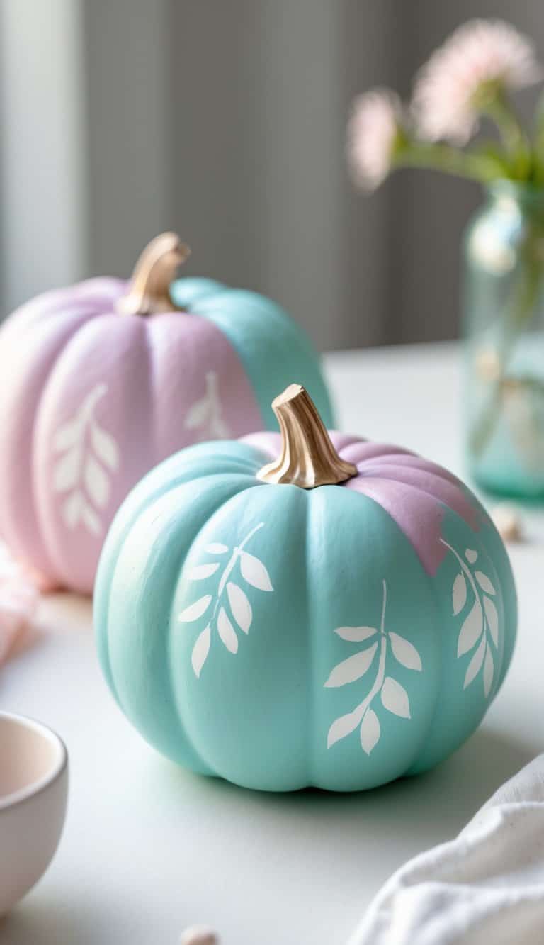 One to two pastel teal pumpkins on a tabletop, decorated with white leaf patterns.