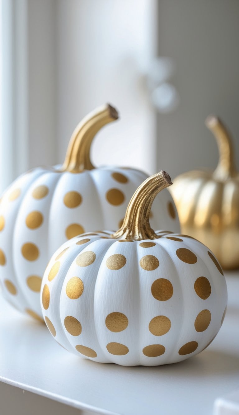 Close-up of one to two white pumpkins painted with gold polka dots on a tabletop.
