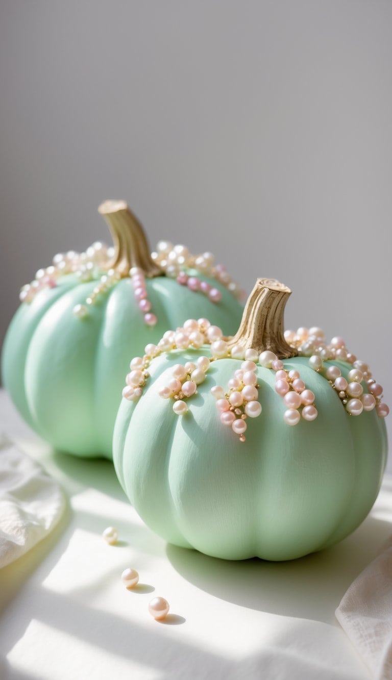 Close-up of one to two pastel green pumpkins decorated with small pearl clusters on a clean tabletop.