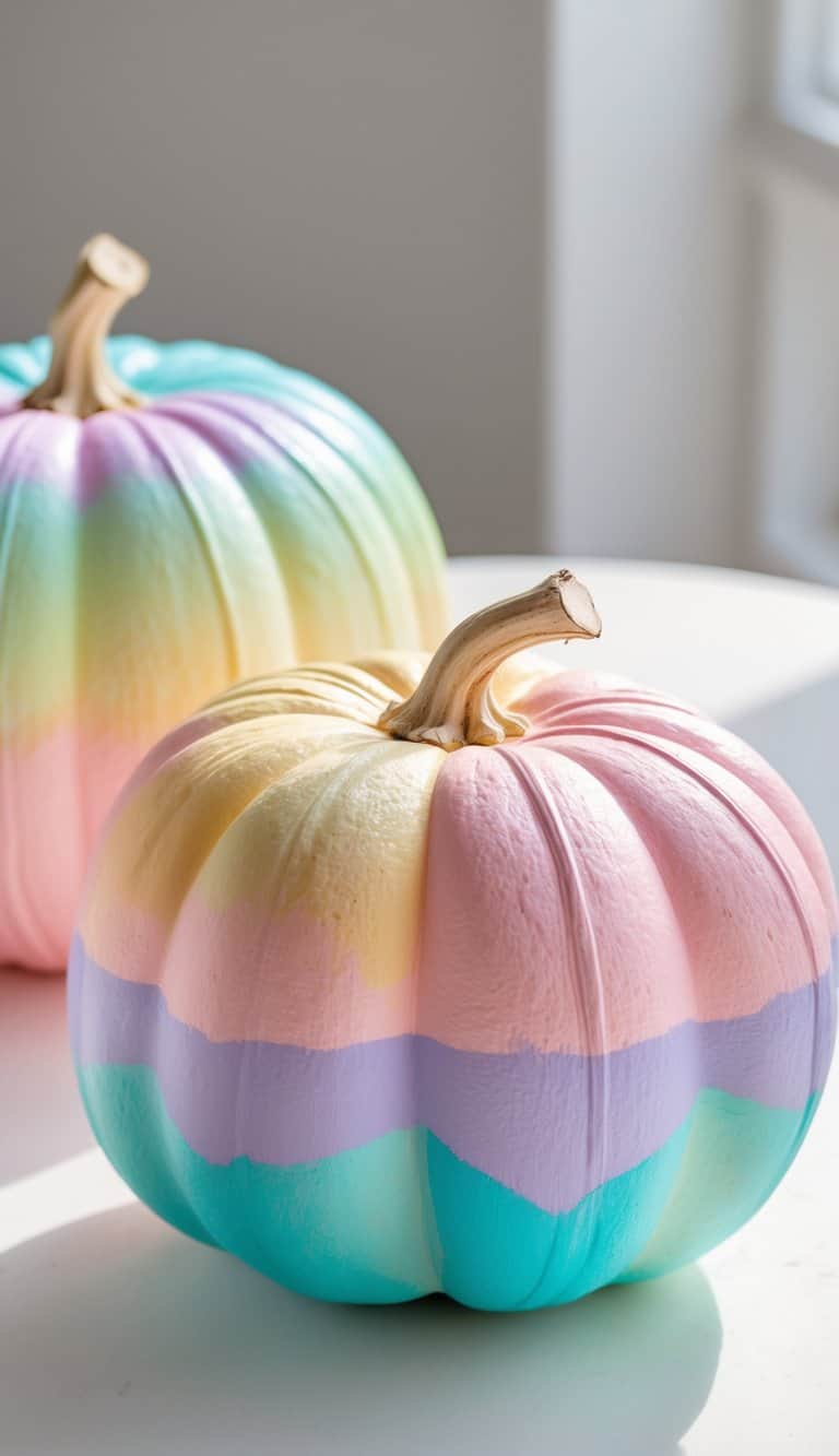 One or two pastel-colored pumpkins painted with smooth ombre designs placed on a clean tabletop under soft daylight.