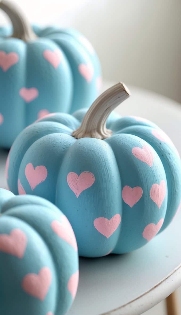 One or two blue pumpkins painted with small heart patterns on a tabletop, photographed up close with soft natural light.