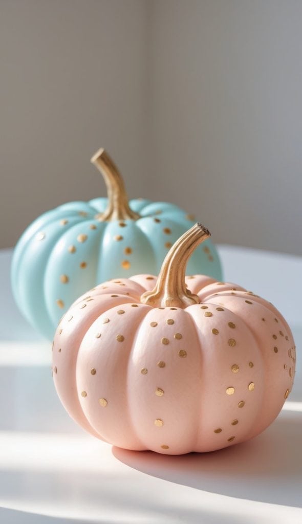 Two decorative pumpkins, one pastel pink and one pastel blue, each with gold polka dots and gold stems, sit on a white surface in natural light.