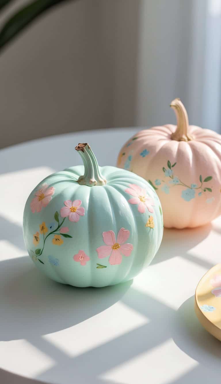 One to two mint-colored pumpkins painted with pastel floral designs placed on a clean tabletop under soft daylight.