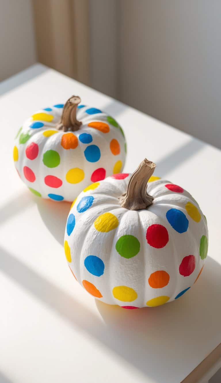 One to two pumpkins painted with colorful dots placed on a tabletop with soft daylight.