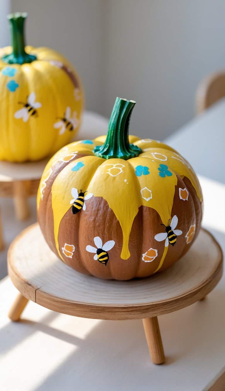 Close-up of one to two pumpkins painted to look like Winnie the Pooh honey pots with honey drips and bee designs on a wooden tabletop.