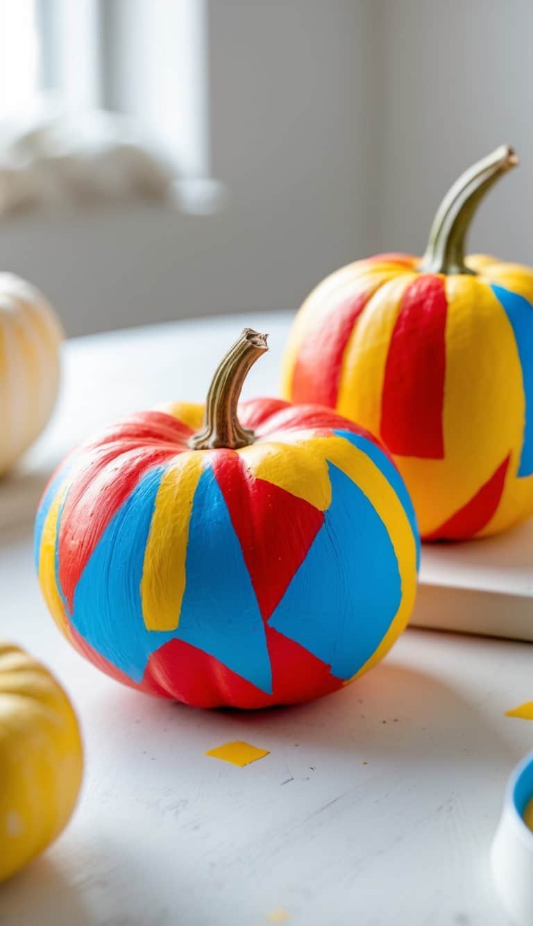 One to two small pumpkins painted with bright geometric shapes in red, blue, and yellow on a clean tabletop under soft daylight.