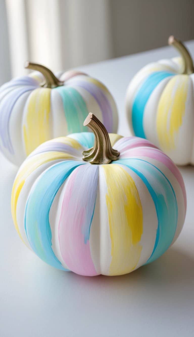 One to two white pumpkins painted with pastel rainbow brush strokes on a tabletop.