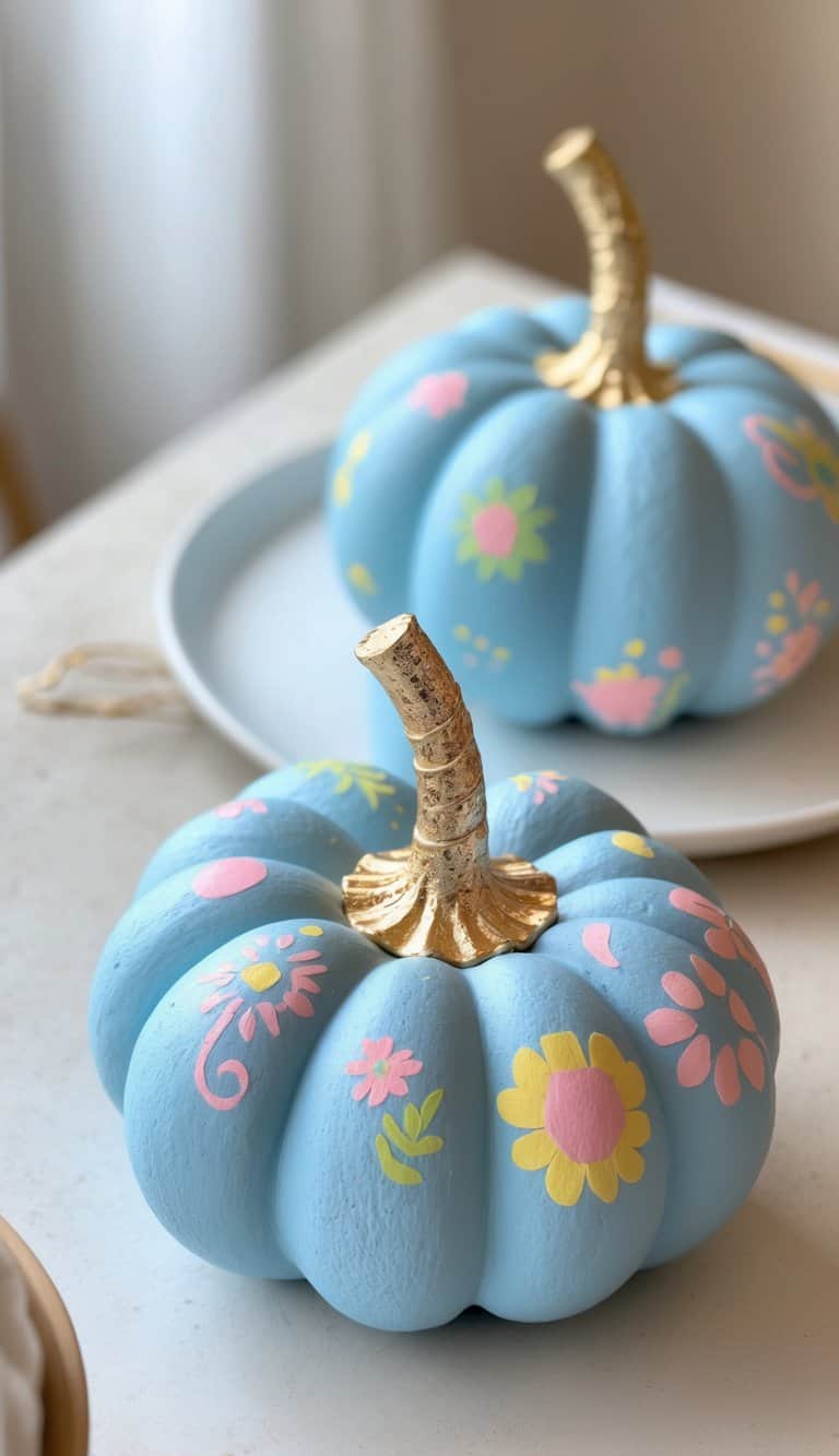 Close-up of one or two blue-gray painted pumpkins with gold stems on a simple tabletop.