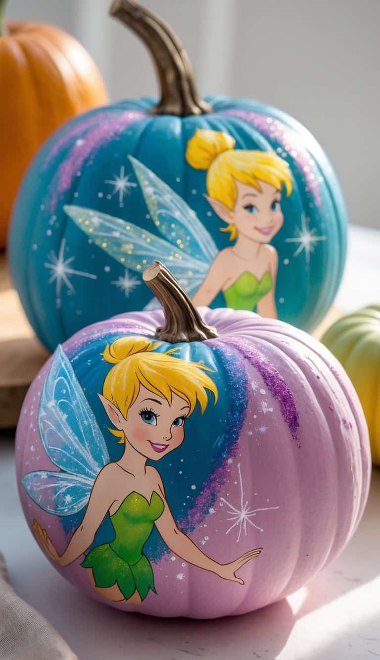 Close-up of one or two pumpkins painted with colorful Tinker Bell fairy designs on a tabletop.