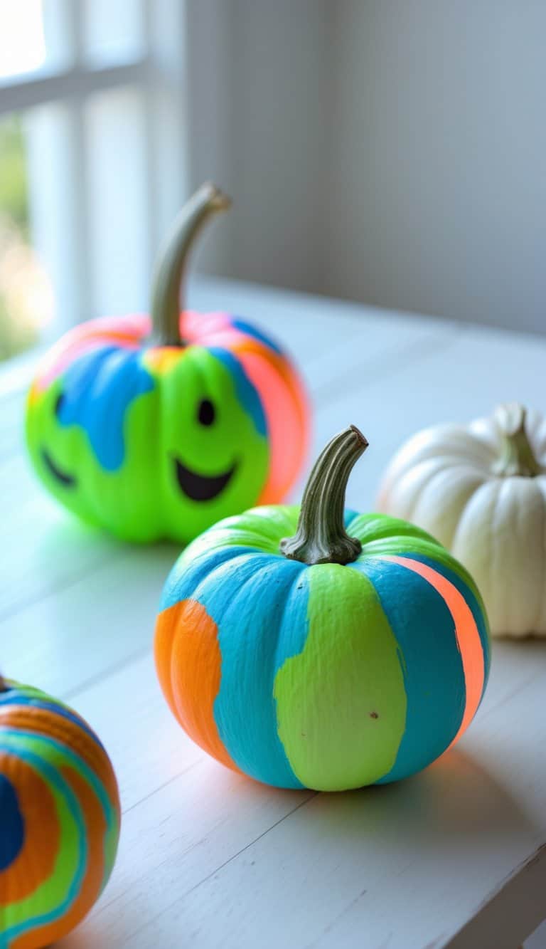 Close-up of one to two small painted pumpkins with colorful glow-in-the-dark designs on a clean tabletop.