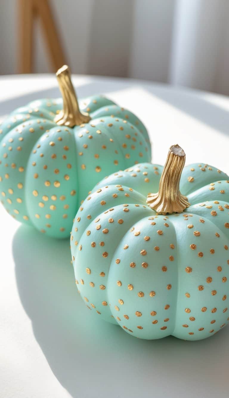 Close-up of one to two pastel mint pumpkins decorated with small golden dots on a tabletop.