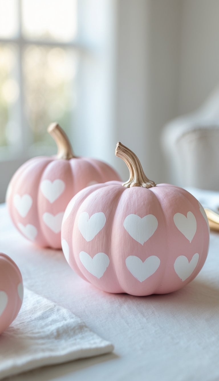 Close-up of one to two pink pumpkins painted with white heart-shaped polka dots on a tabletop.
