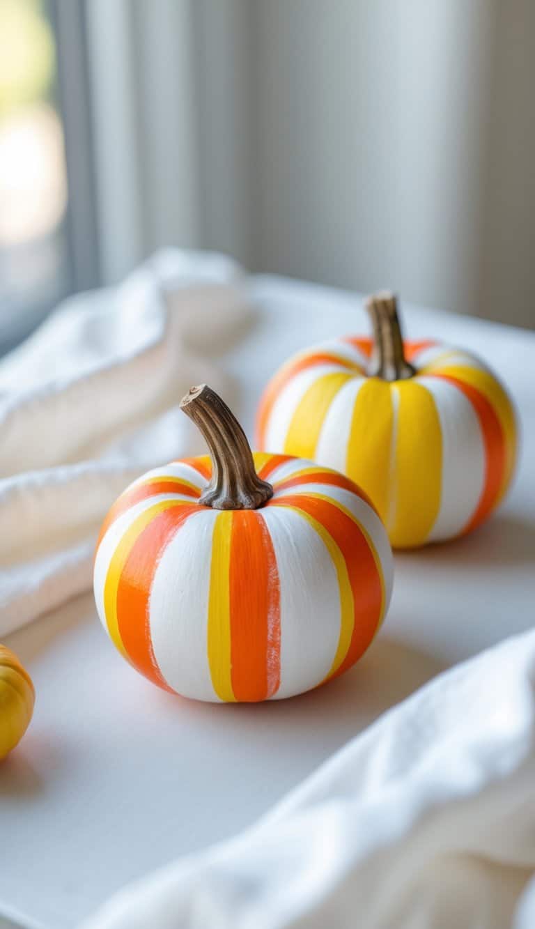 One to two small pumpkins painted with colorful candy corn stripes on a clean tabletop.