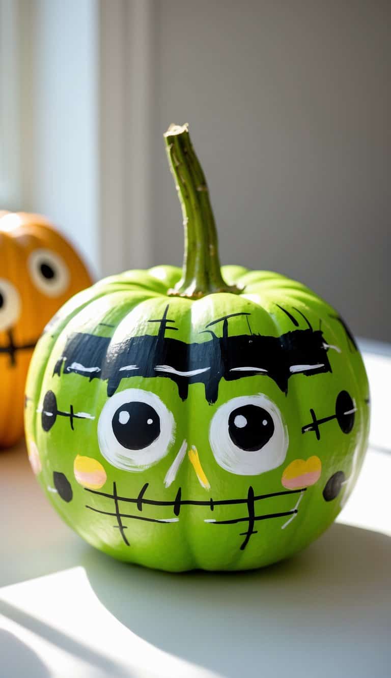 Close-up of one to two pumpkins painted with colorful Frankenstein faces on a clean tabletop.