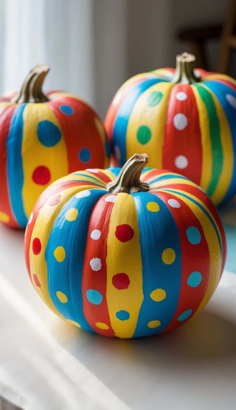 Close-up of one or two brightly painted pumpkins with polka dots and stripes on a tabletop.