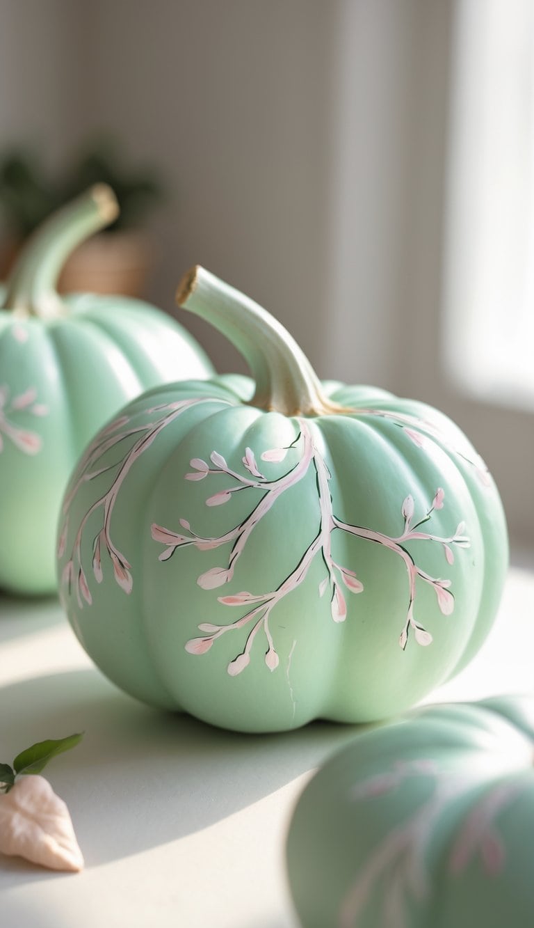 Close-up of one or two soft green pumpkins painted with delicate white branches on a clean tabletop.