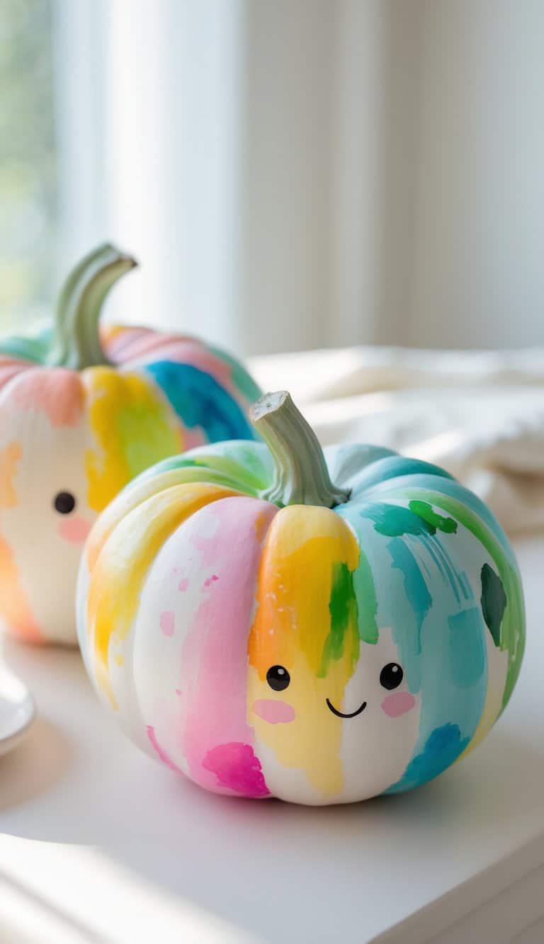 Close-up of one to two painted pumpkins on a tabletop with bright and colorful designs in a clean and simple setting.
