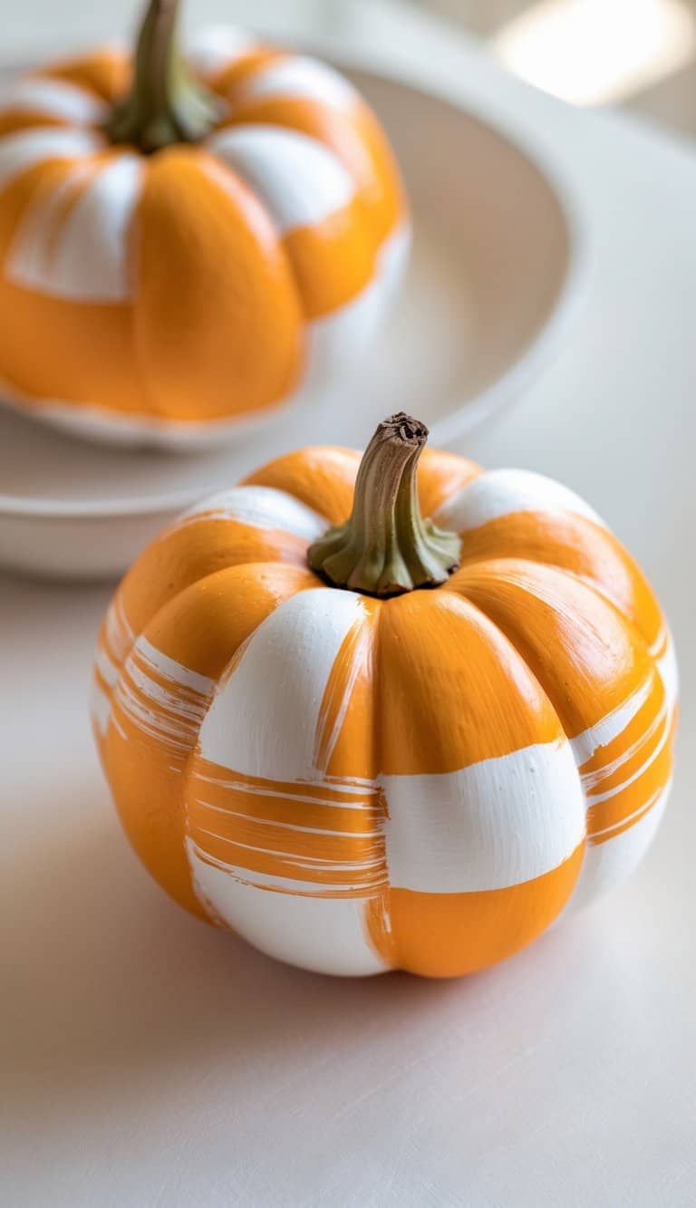 One to two small pumpkins painted with orange and white horizontal stripes on a tabletop with a plain background.