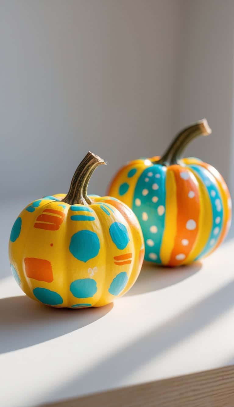 Close-up of one or two small pumpkins painted with colorful, playful designs on a simple tabletop.