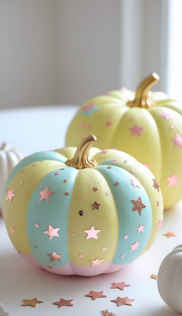 Close-up of one to two powder yellow pumpkins painted with pastel colors and decorated with small shiny foil stars on a clean tabletop.