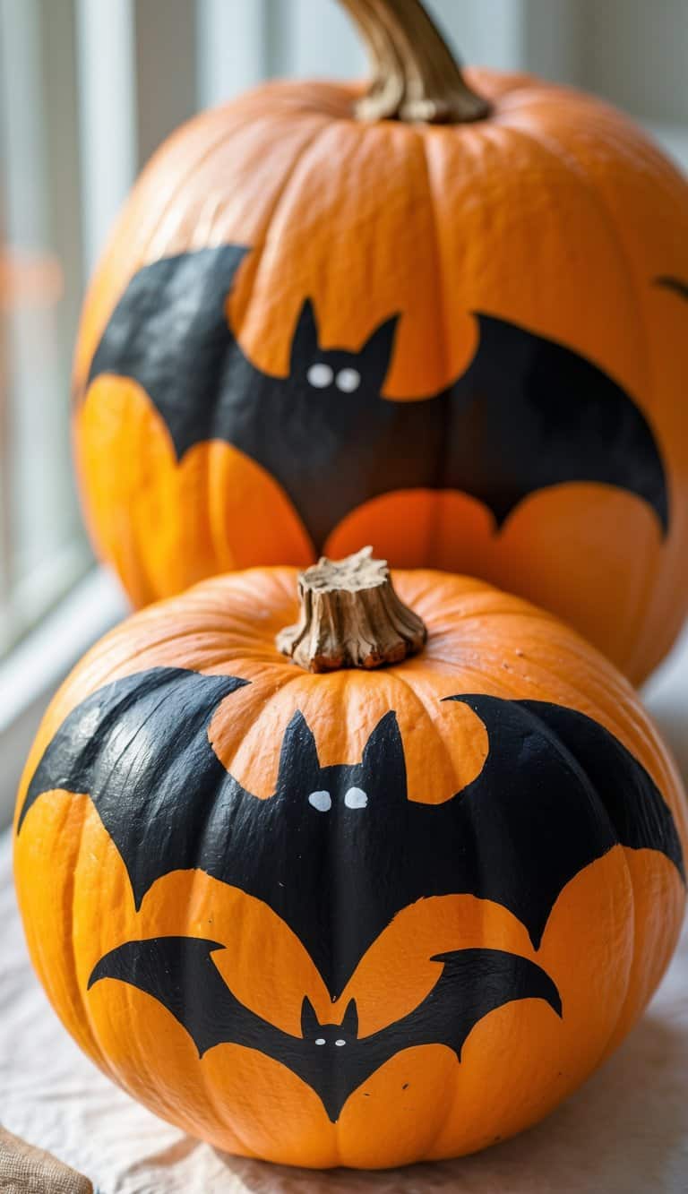 Close-up of one to two pumpkins painted with black bat silhouettes on a clean tabletop.