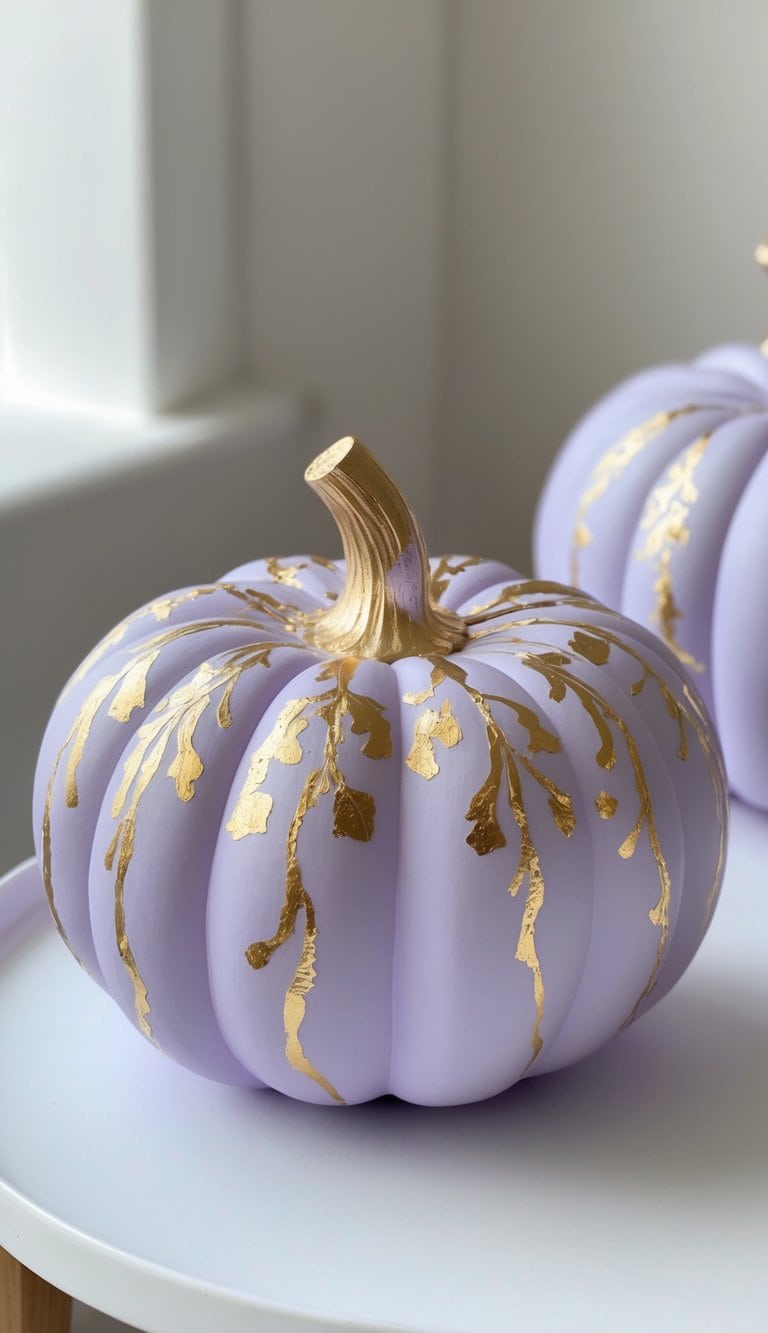 Close-up of one to two lavender pumpkins with gold leaf vein patterns on a clean tabletop.