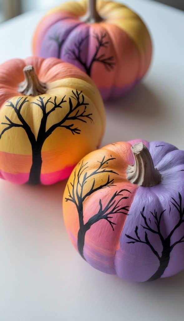 Three pumpkins are painted in gradient shades of orange, pink, and purple, each featuring a black silhouette of a leafless tree on their surface.