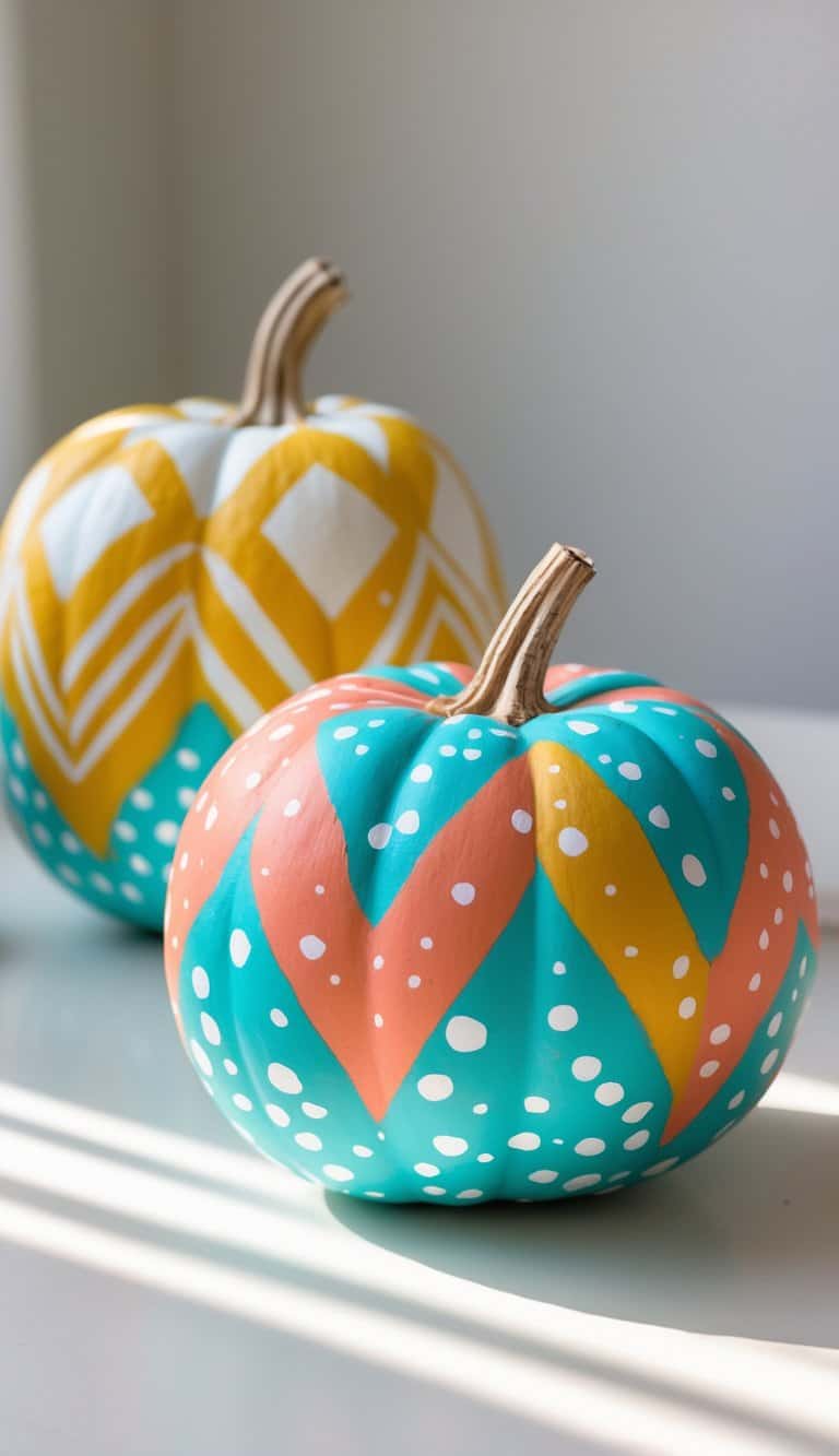 Two pumpkins painted with colorful chevron and dot patterns sitting on a plain tabletop.
