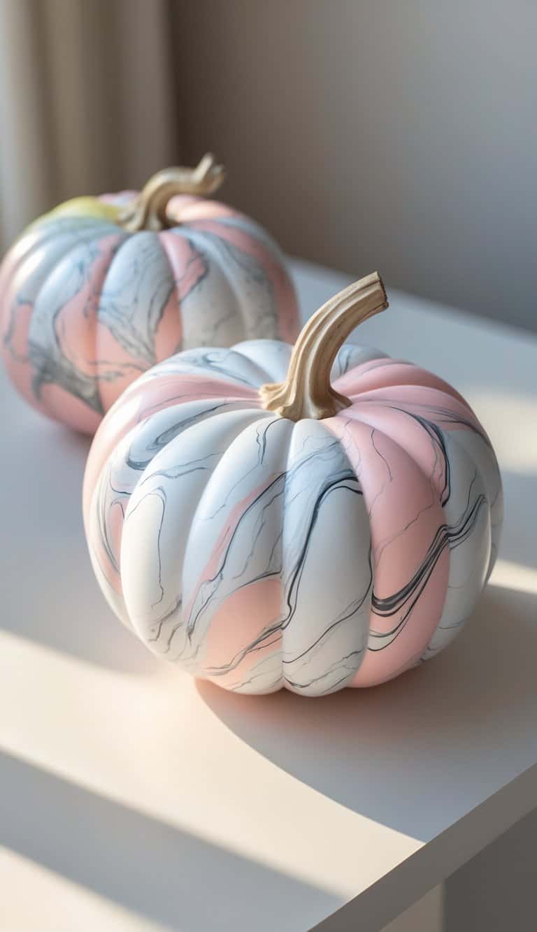 Close-up of one to two pumpkins painted with colorful marble-like patterns on a clean tabletop.
