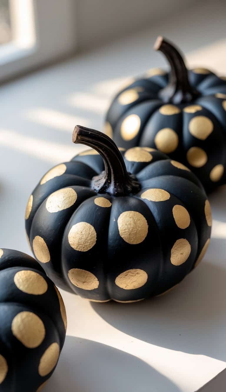 Close-up of one to two black pumpkins painted with gold polka dots on a clean tabletop.