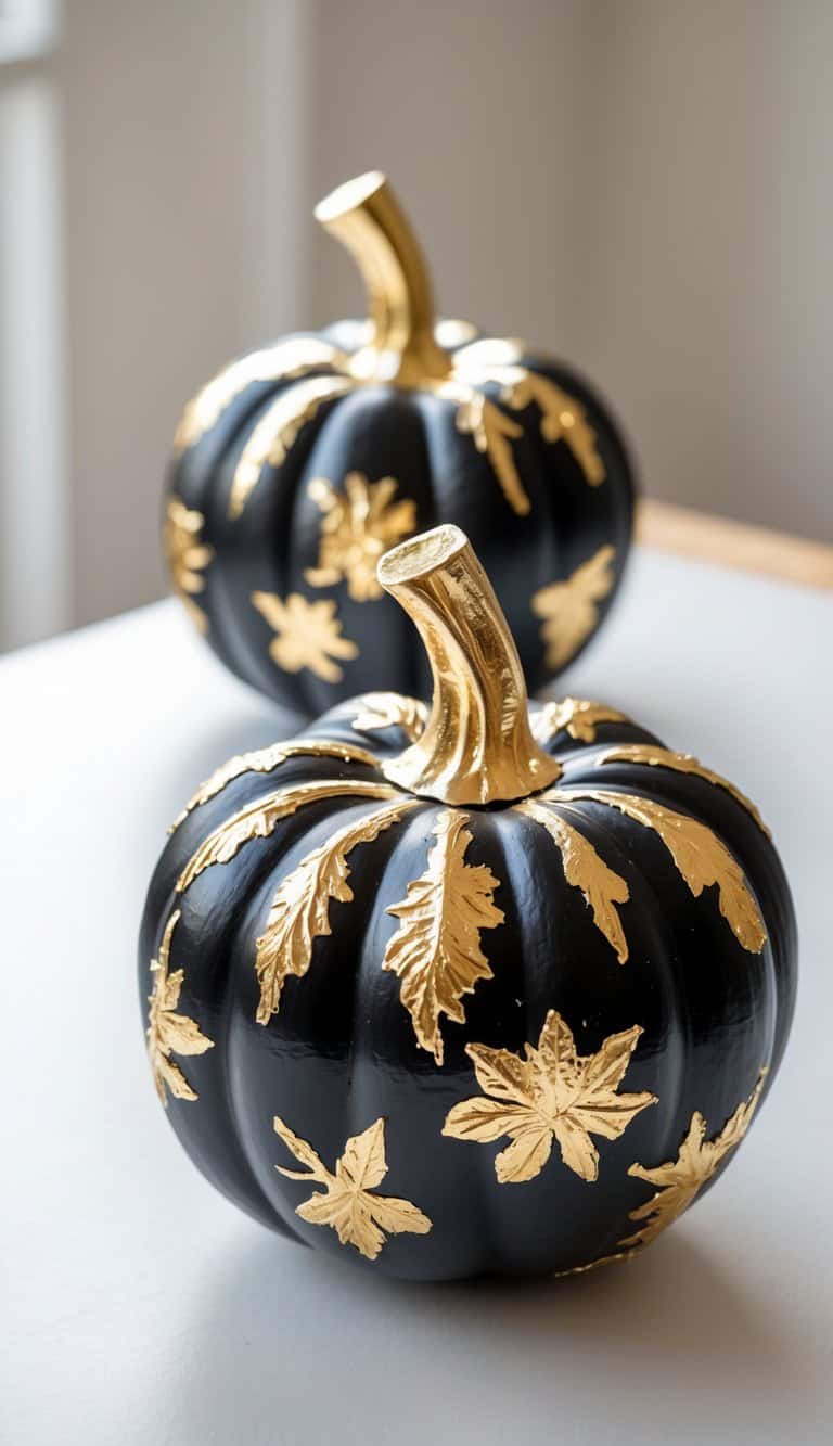 One or two black pumpkins with gold accents displayed on a tabletop under soft daylight.