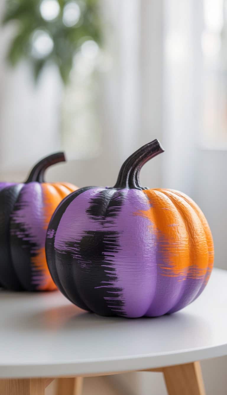 Close-up of one to two black pumpkins painted with purple and orange ombré designs on a tabletop.