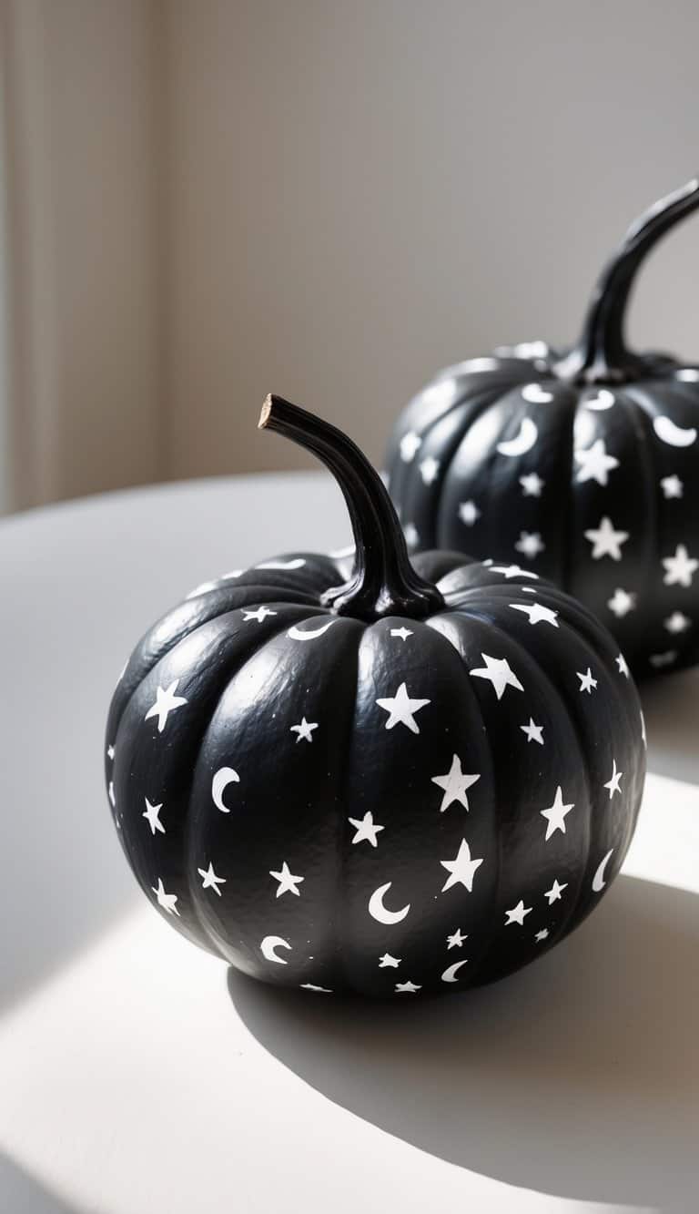 One or two black pumpkins painted with small white stars and crescent moons placed on a light tabletop.