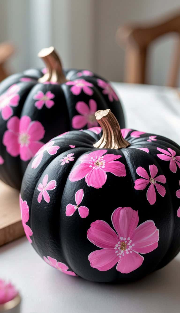 One to two black pumpkins painted with bright pink floral patterns placed on a tabletop.