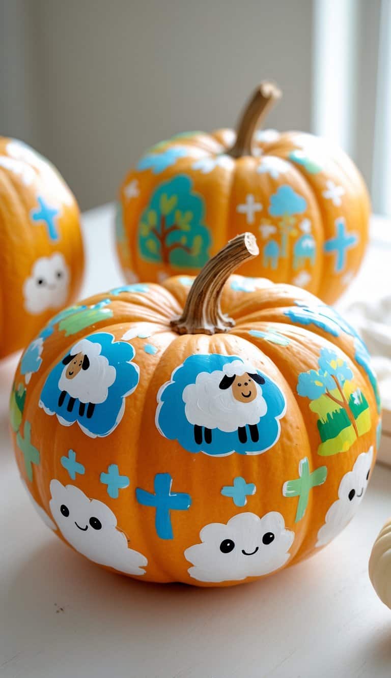 Close-up of one or two small orange pumpkins painted with colorful Christian-themed designs on a clean tabletop.