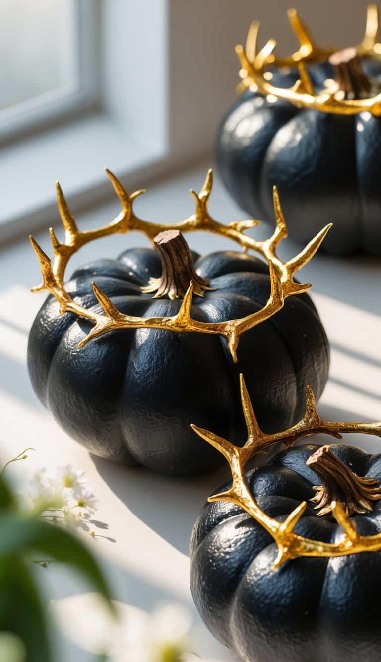 Close-up of one or two black pumpkins on a table, each decorated with a gold-painted crown of thorns.