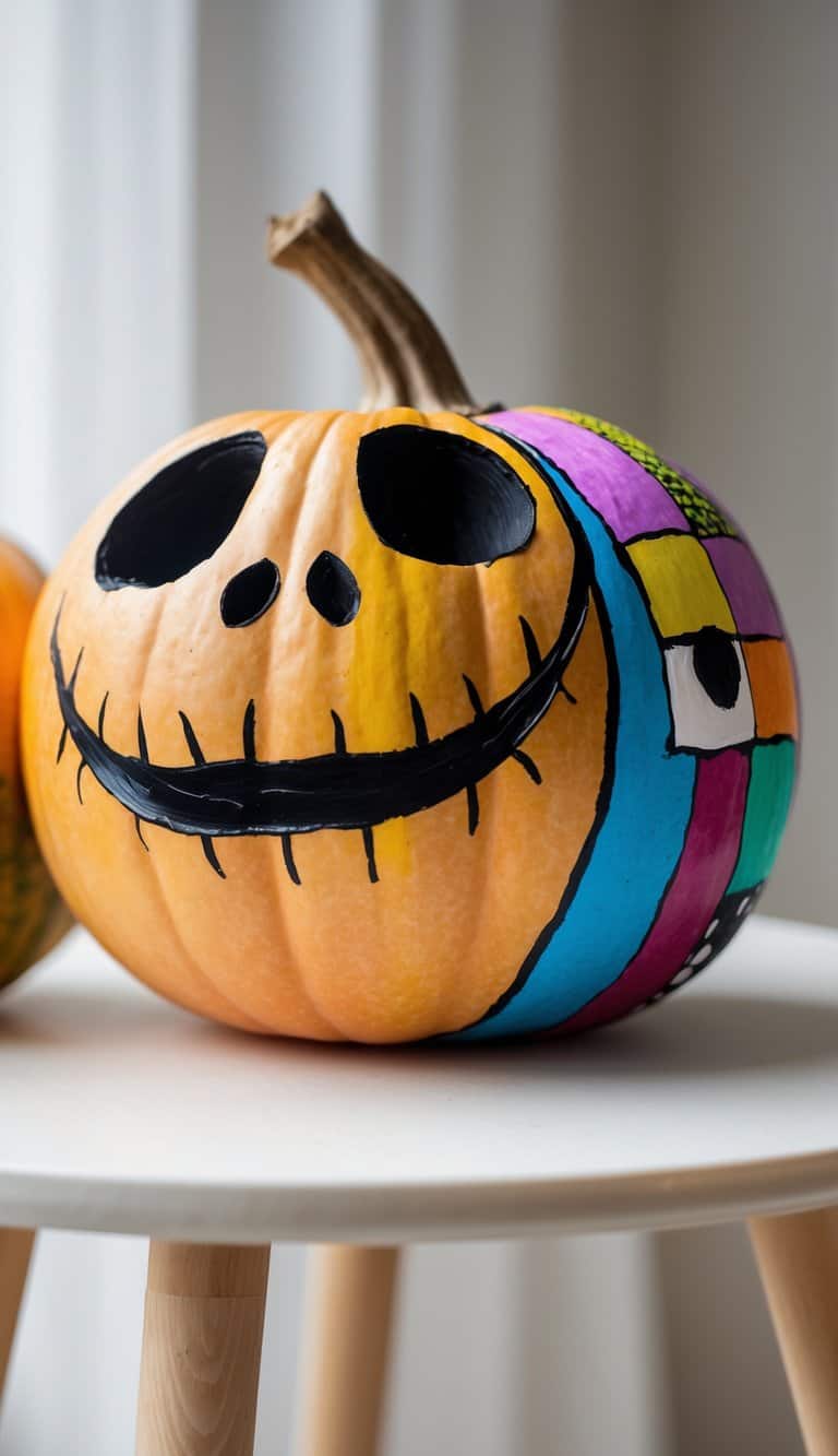 One or two painted pumpkins on a tabletop, featuring a Jack Skellington face with a bat-shaped bow tie and a pumpkin with colorful patchwork designs.
