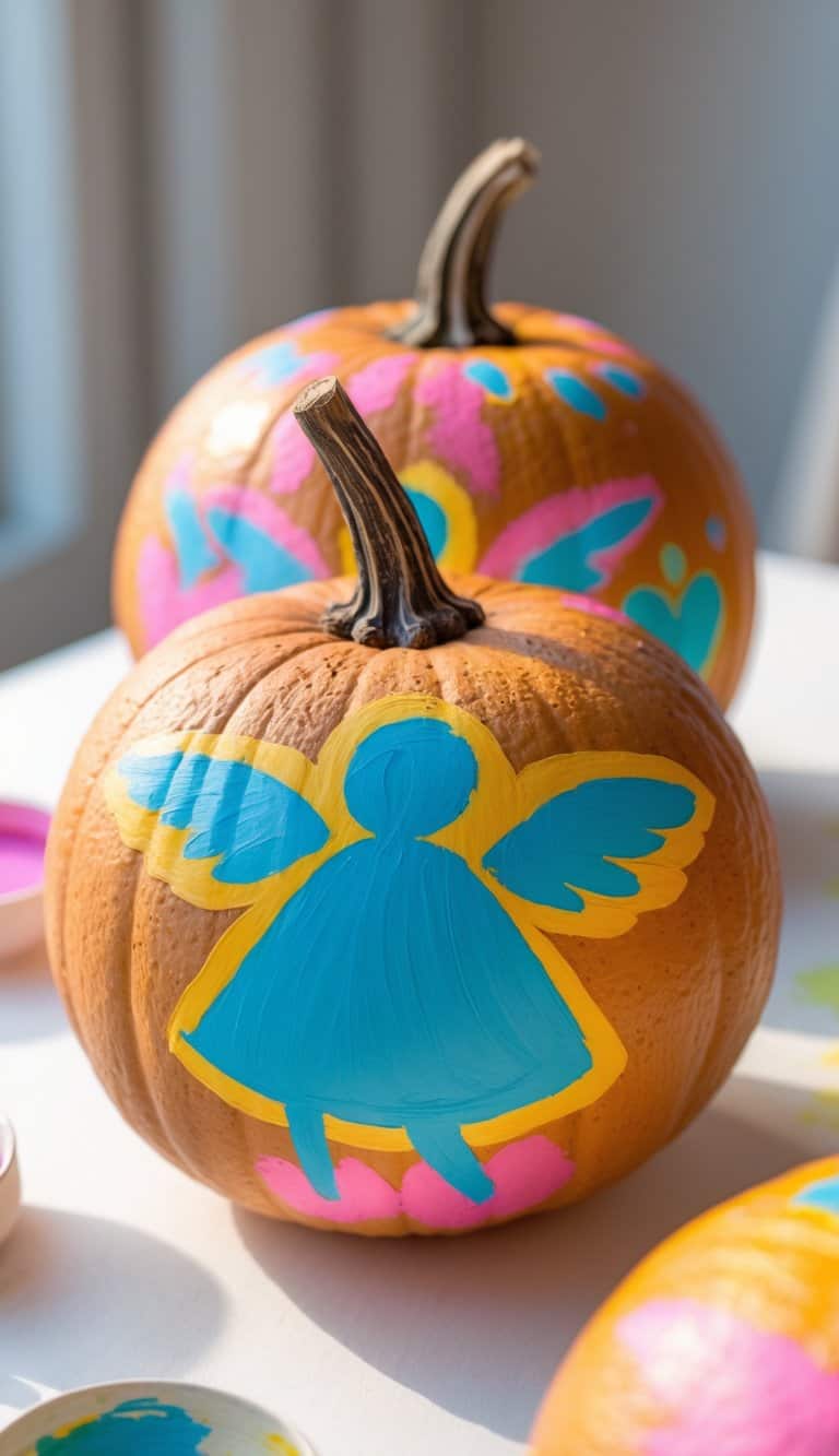 Close-up of one to two pumpkins painted with bright angel silhouettes on a tabletop.