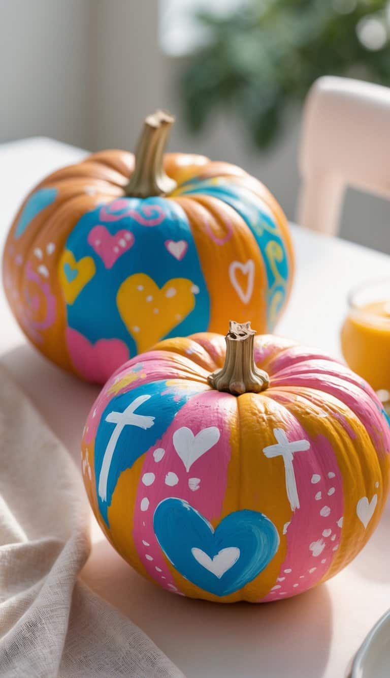 Close-up of one or two colorful painted pumpkins with faith, hope, and love inspired designs on a clean tabletop.