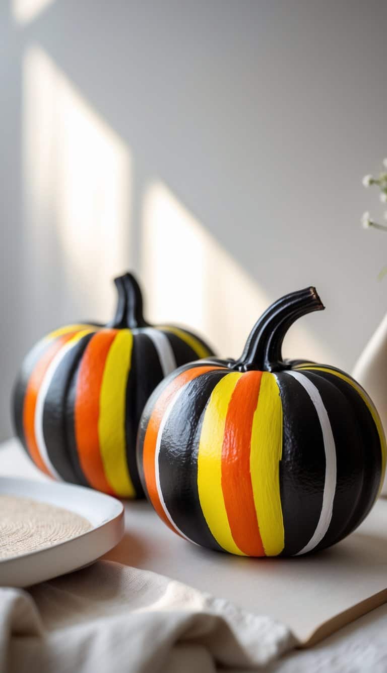 One to two black pumpkins painted with candy corn stripes on a tabletop.