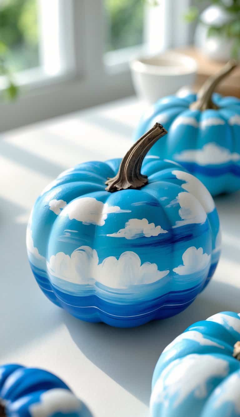 One or two blue pumpkins painted with white clouds and sky designs on a clean tabletop.