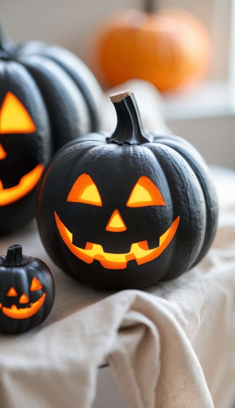 A black pumpkin carved with a classic jack-o'-lantern face glows with an orange light, sitting on a light-colored cloth with another pumpkin in the background.