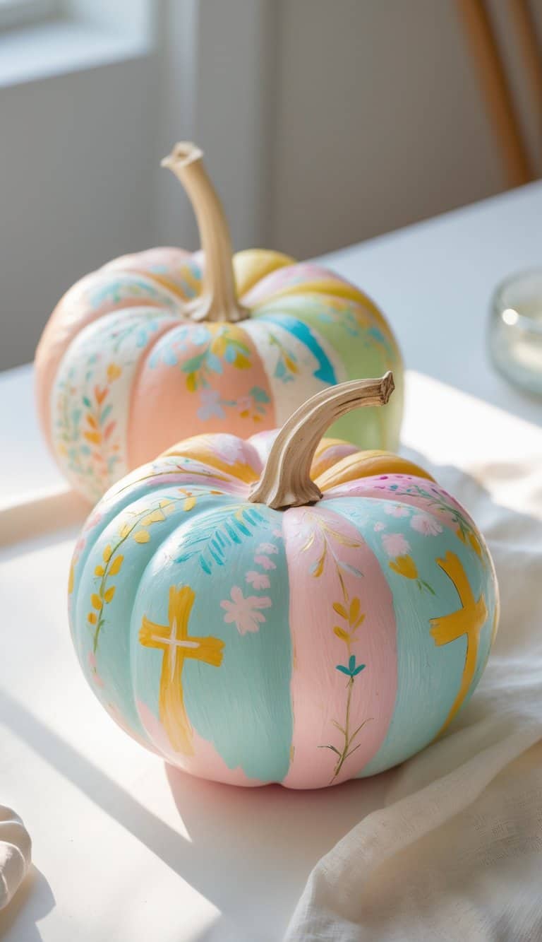 Close-up of one or two pastel-painted pumpkins with colorful, detailed designs on a clean tabletop under soft daylight.