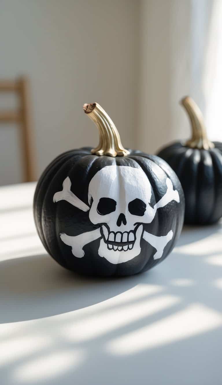 Close-up of one black pumpkin painted with a white skull and crossbones design on a tabletop.