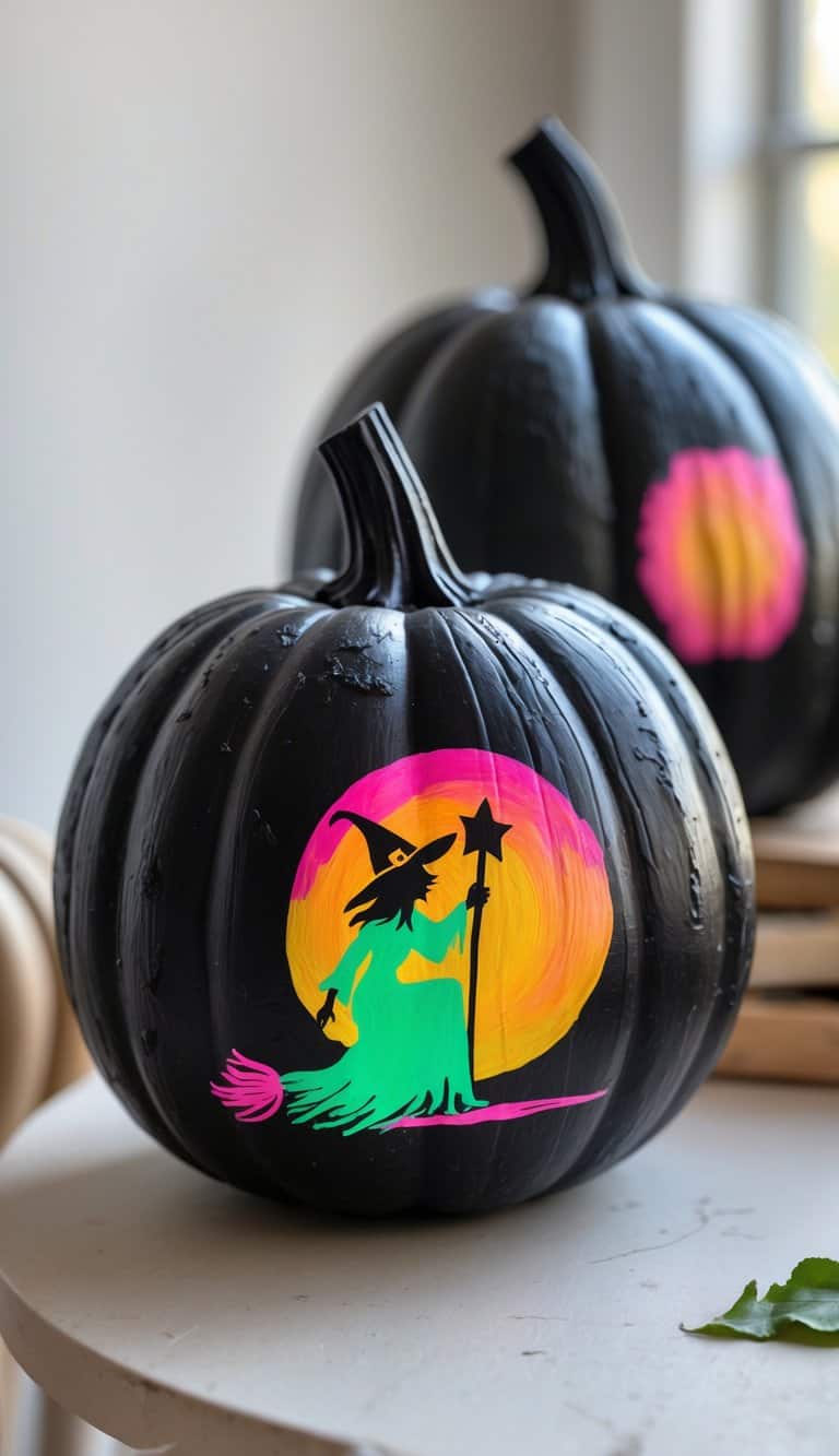 Close-up of one or two black pumpkins painted with colorful witch designs on a clean tabletop.