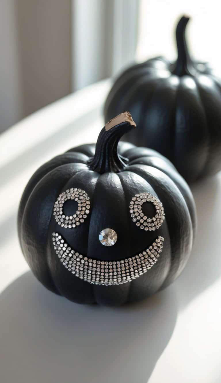 Close-up of one or two black painted pumpkins on a tabletop, one decorated with silver rhinestone eyes.