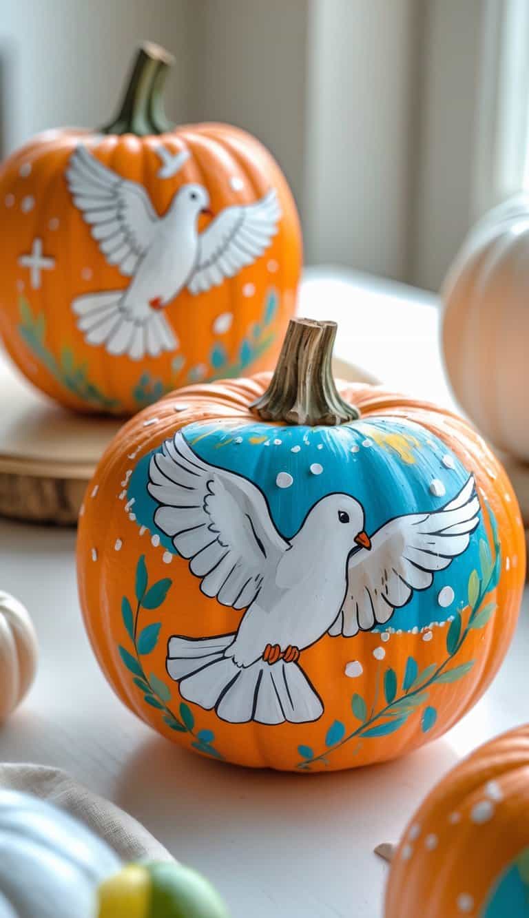 One to two pumpkins painted with a dove release scene placed on a tabletop.