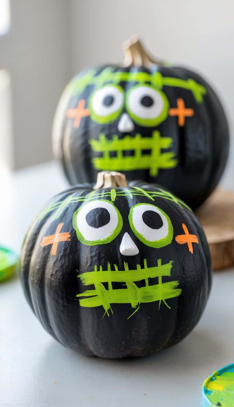 One to two black pumpkins painted with colorful Frankenstein faces on a clean tabletop.