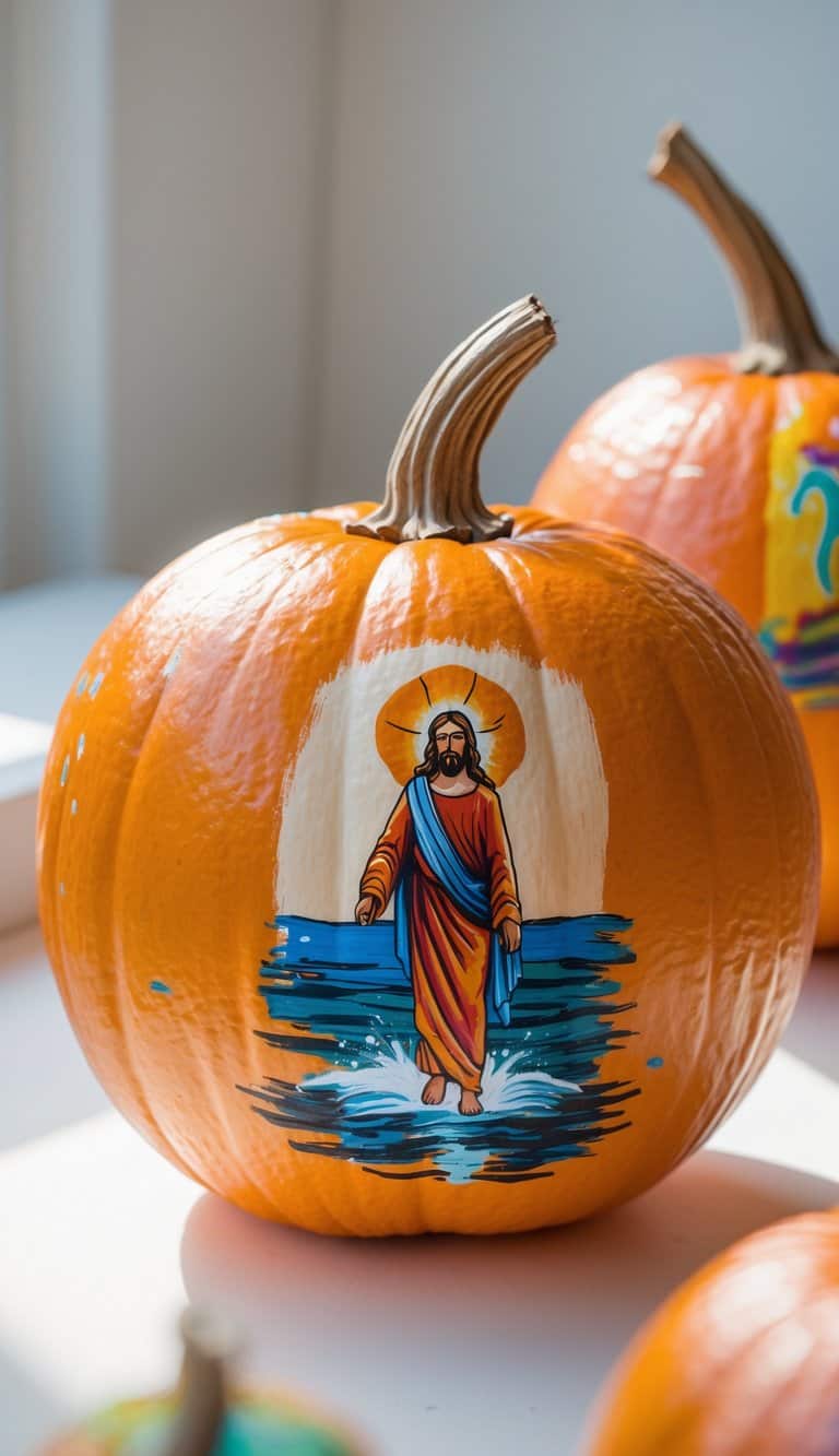 One or two pumpkins on a table, one painted with a silhouette of Jesus walking on water.