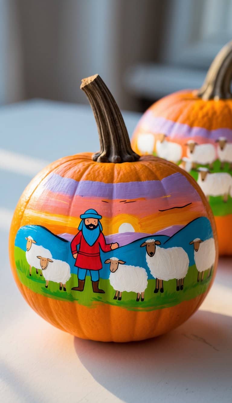 Close-up of one or two pumpkins painted with a colorful scene of a shepherd and his sheep at sunset.